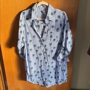 Women's Blue Striped Shirt with Green Palm Design